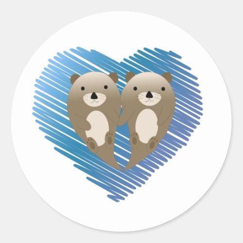 Cute Otters with Blue Heart in the Background Classic Round Sticker