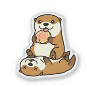 Cute Otters with Lollipop Sweet Cartoon Animal Art Sticker
