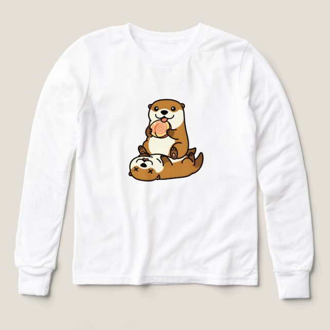 Cute Otters with Lollipop Sweet Cartoon Animal Art Tri-Blend Shirts (Design Front)