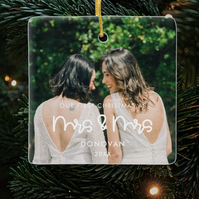 Cute Our First Christmas as Mrs & Mrs photo Ceramic Ornament (Creator Uploaded)