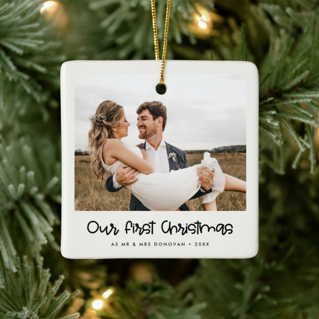 Cute Our First Christmas Couple's photo Ceramic Ornament (Tree)