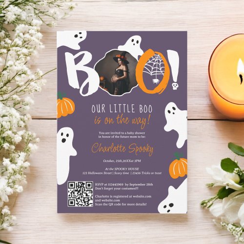 Cute our little boo ghost purple photo baby shower invitation