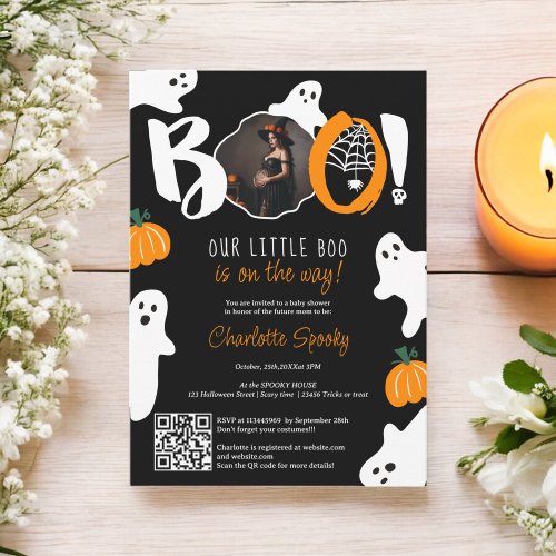 Cute our little boo ghosts black photo baby shower invitation