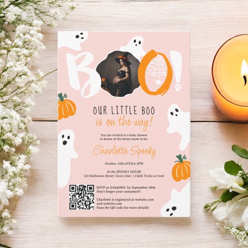 Cute our little boo ghosts pink photo baby shower invitation