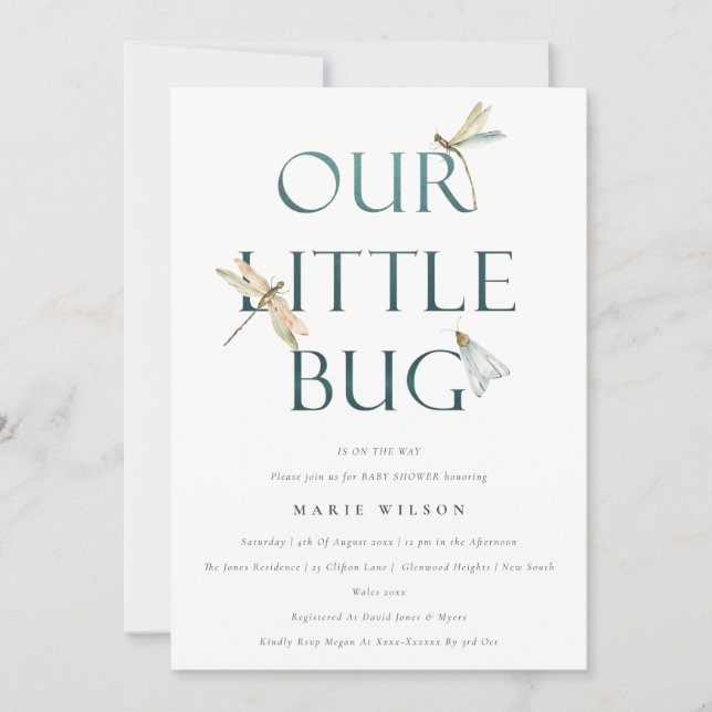 Cute Our Little Bug Blue Dragonfly Baby Shower Invitation (Front)