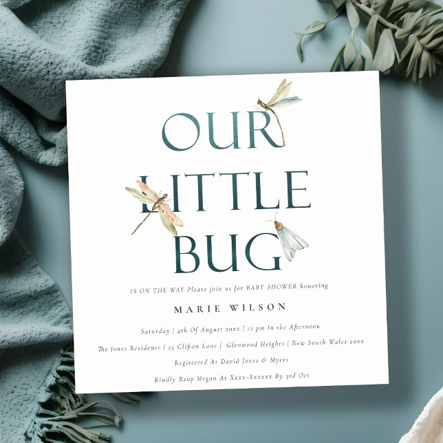 Cute Our Little Bug Blue Dragonfly Baby Shower Invitation (Creator Uploaded)