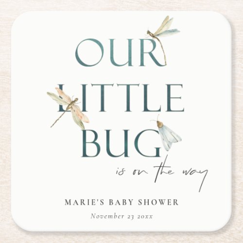 Cute Our Little Bug Blue Dragonfly Baby Shower Square Paper Coaster