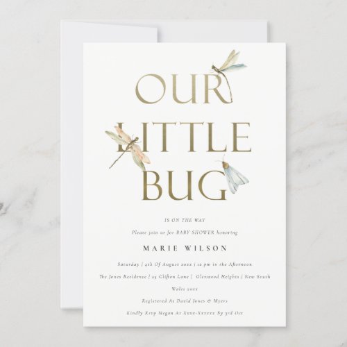 Cute Our Little Bug Gold Dragonfly Baby Shower Invitation