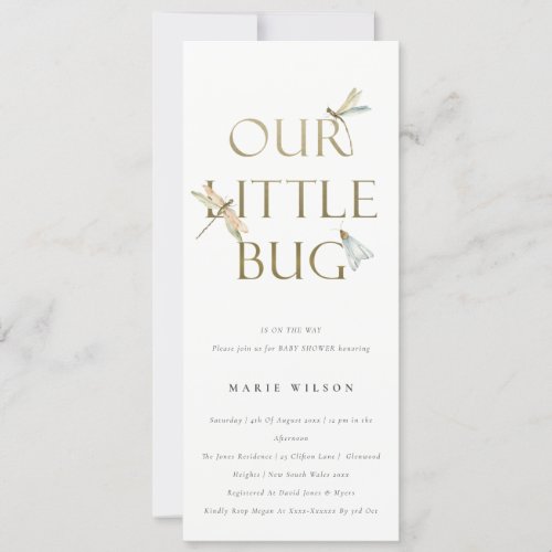 Cute Our Little Bug Gold Dragonfly Baby Shower Invitation