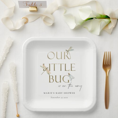 Cute Our Little Bug Gold Dragonfly Baby Shower Paper Plates
