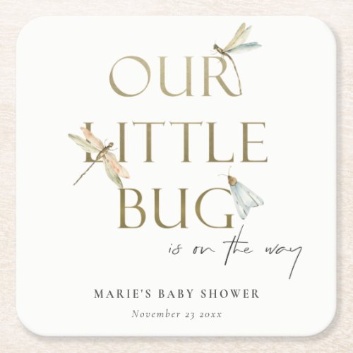 Cute Our Little Bug Gold Dragonfly Baby Shower Square Paper Coaster