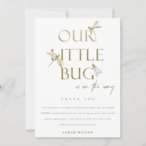 Cute Our Little Bug Gold Dragonfly Baby Shower Thank You Card