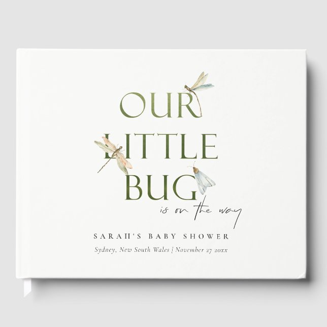 Cute Our Little Bug Green Dragonfly Baby Shower Guest Book (Front)