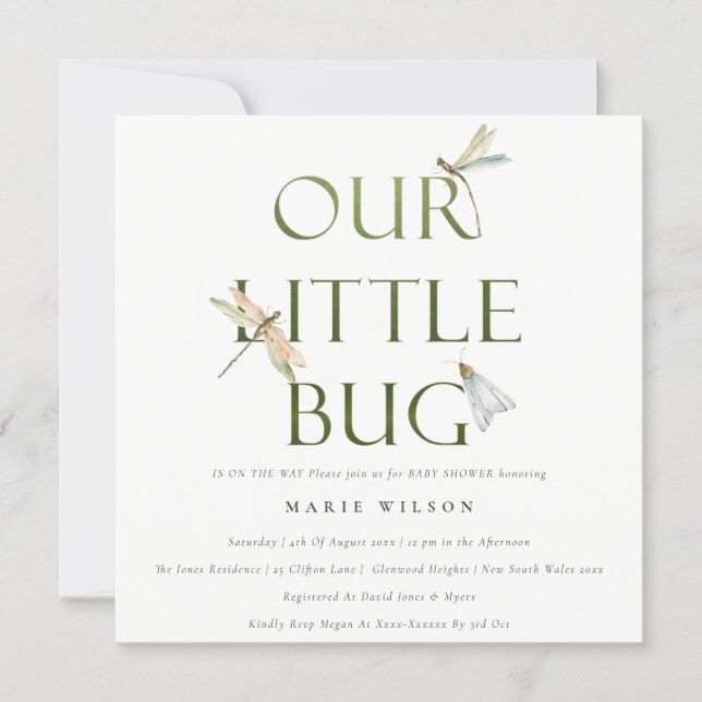 Cute Our Little Bug Green Dragonfly Baby Shower Invitation (Front)