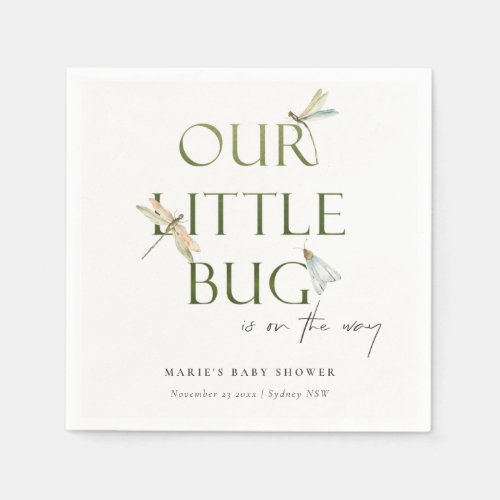 Cute Our Little Bug Green Dragonfly Baby Shower Napkins