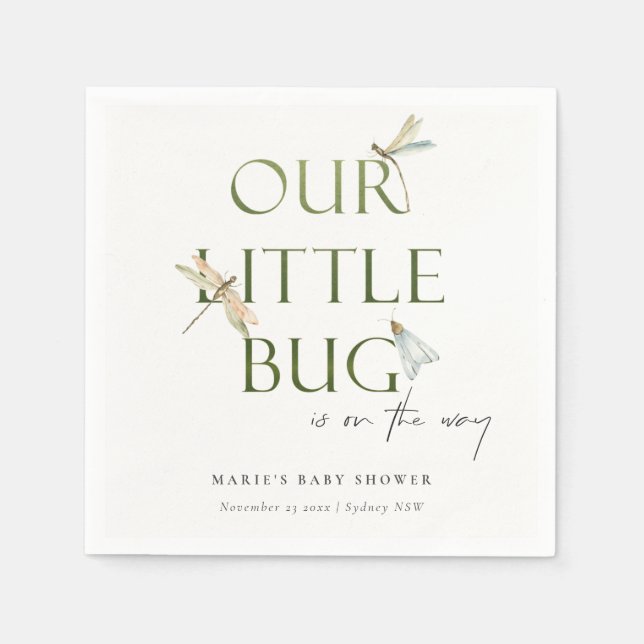 Cute Our Little Bug Green Dragonfly Baby Shower Napkins (Front)