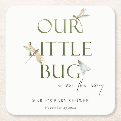 Cute Our Little Bug Green Dragonfly Baby Shower Square Paper Coaster