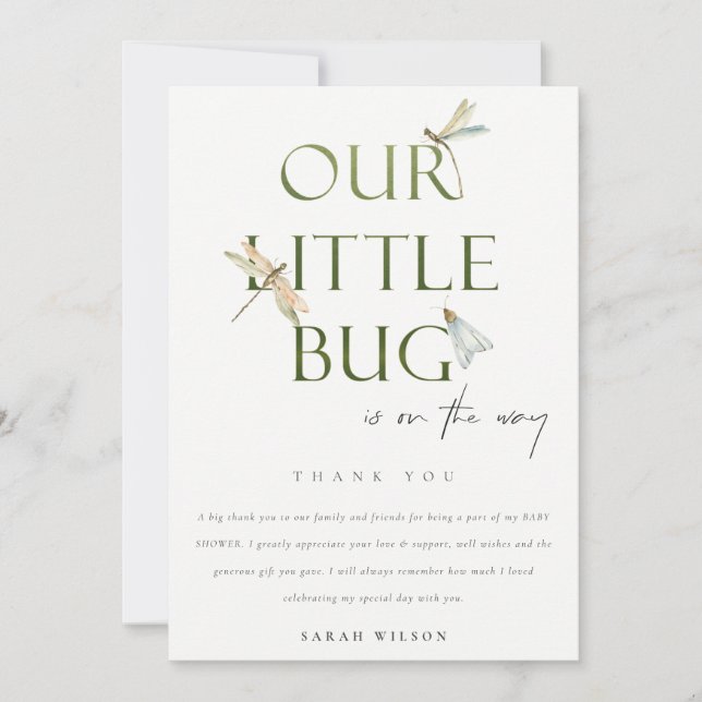 Cute Our Little Bug Green Dragonfly Baby Shower Thank You Card (Front)