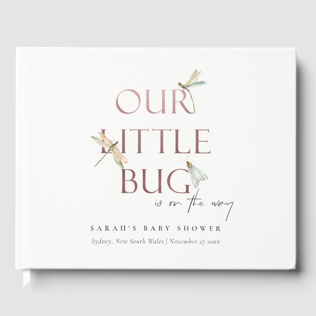 Cute Our Little Bug Pink Dragonfly Baby Shower Guest Book (Front)