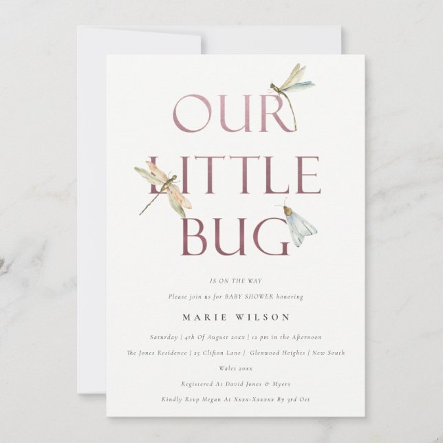 Cute Our Little Bug Pink Dragonfly Baby Shower Invitation (Front)