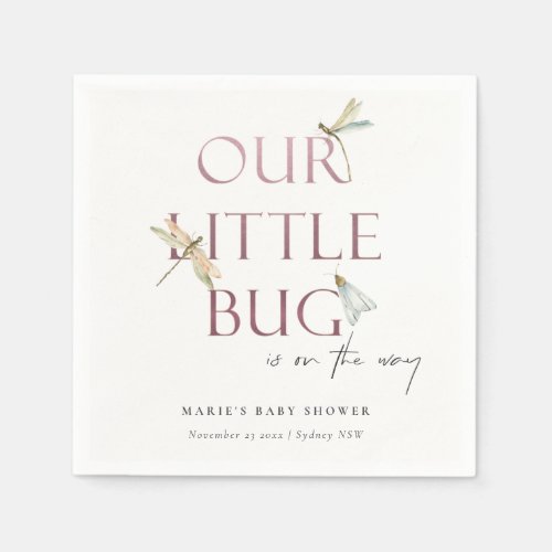 Cute Our Little Bug Pink Dragonfly Baby Shower Napkins