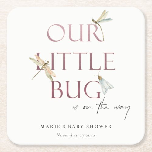Cute Our Little Bug Pink Dragonfly Baby Shower Square Paper Coaster