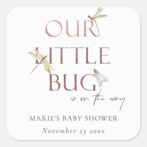 Cute Our Little Bug Pink Dragonfly Baby Shower Square Sticker