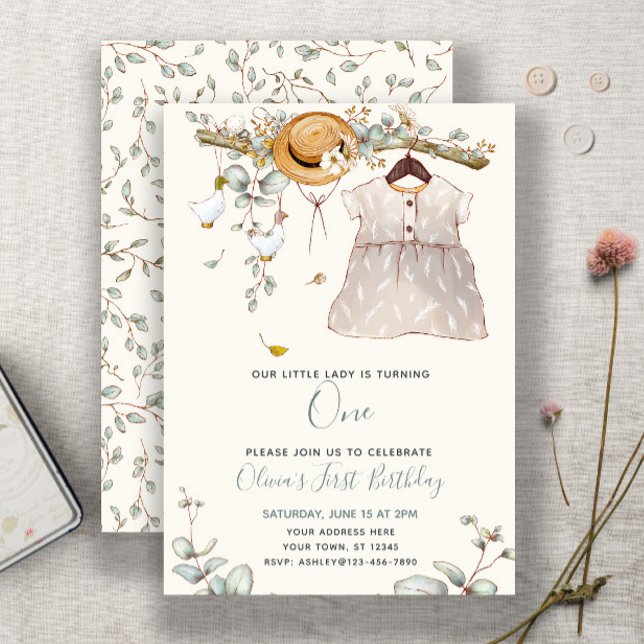 Cute Our Little Lady is One Floral Girls Rustic Invitation (Easily personalize this sweet girl's first birthday invite with your details for a charming event)