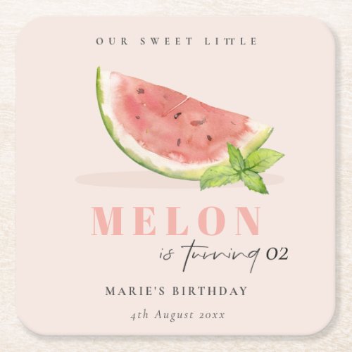 Cute Our Little Melon Blush Any Age Birthday Square Paper Coaster