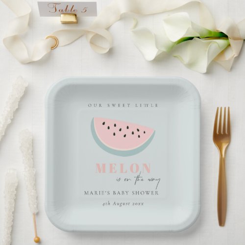 Cute Our Little Melon Pastel Aqua Blue Baby Shower Paper Plates