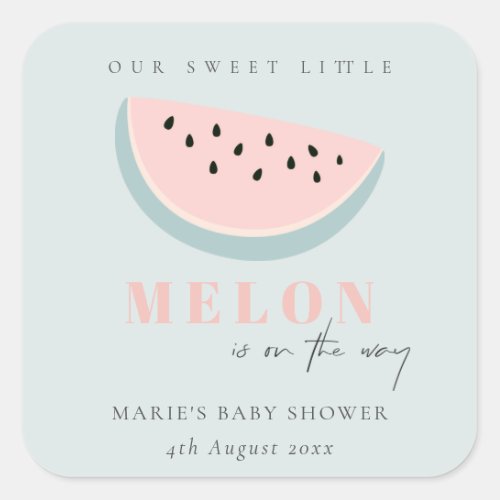 Cute Our Little Melon Pastel Aqua Blue Baby Shower Square Sticker