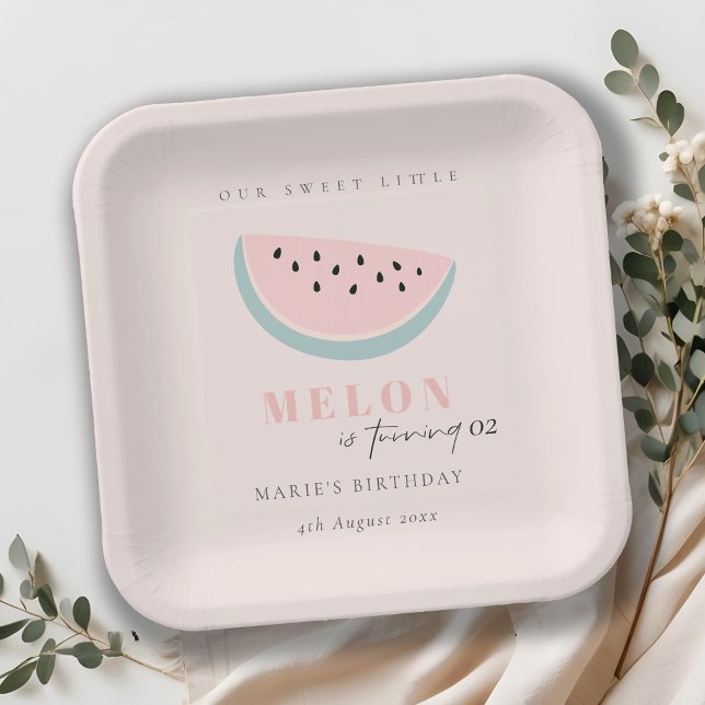 Cute Our Little Melon Pastel Pink Any Age Birthday Paper Plates (Creator Uploaded)