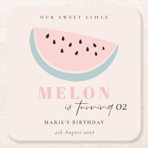 Cute Our Little Melon Pastel Pink Any Age Birthday Square Paper Coaster