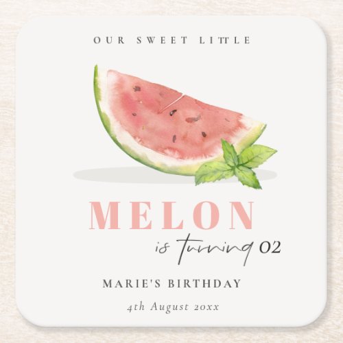 Cute Our Little Melon Red Green Any Age Birthday  Square Paper Coaster