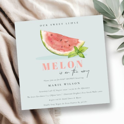 Cute Our Little Melon Watercolor Blue Baby Shower Invitation