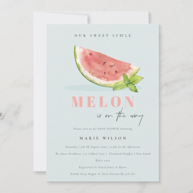 Cute Our Little Melon Watercolor Blue Baby Shower Invitation (Front)