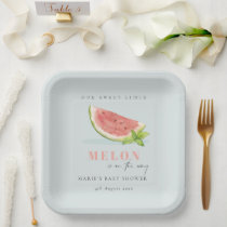 Cute Our Little Melon Watercolor Blue Baby Shower Paper Plates