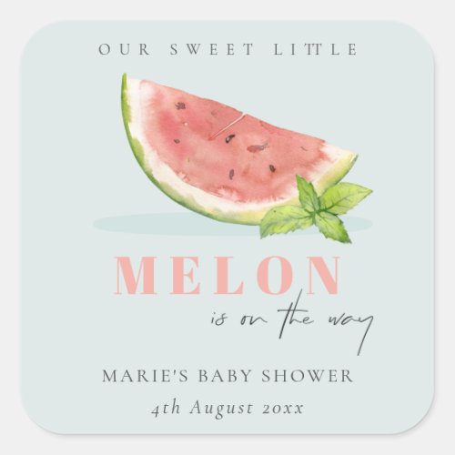 Cute Our Little Melon Watercolor Blue Baby Shower Square Sticker