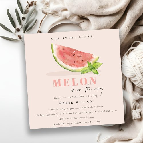 Cute Our Little Melon Watercolor Blush Baby Shower Invitation