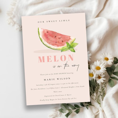 Cute Our Little Melon Watercolor Blush Baby Shower Invitation