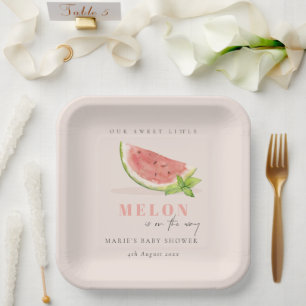 Cute Our Little Melon Watercolor Blush Baby Shower Paper Plates