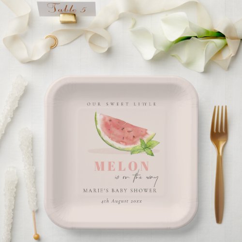 Cute Our Little Melon Watercolor Blush Baby Shower Paper Plates