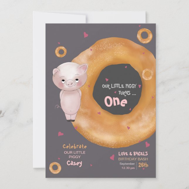 Cute "OUR LITTLE PIGGY"  |  “Love & Bagels”  Invitation (Front)