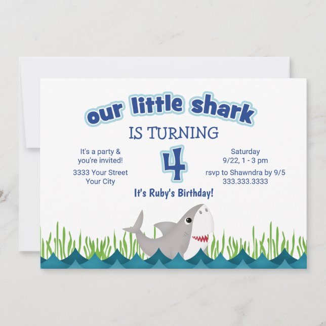 Cute Our Little Shark Ocean 4th Birthday Invitation (Front)