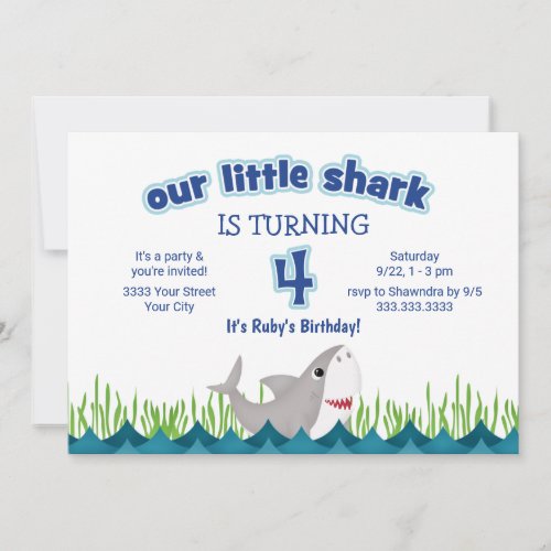Cute Our Little Shark Ocean 4th Birthday Invitation