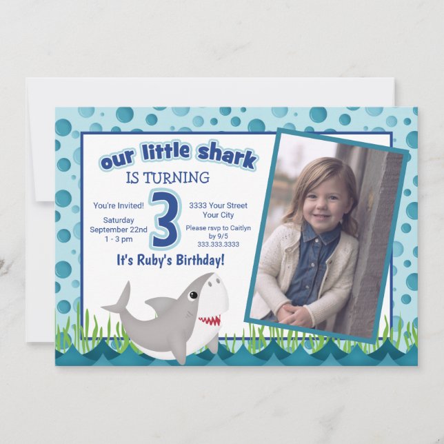 Cute Our Little Shark Ocean Photo 3rd Birthday Invitation (Front)