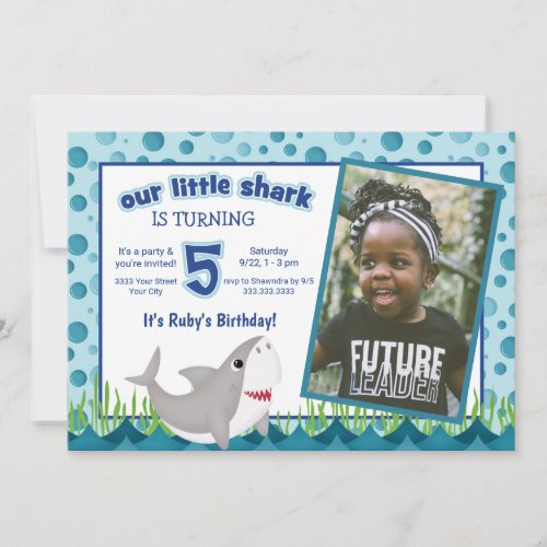 Cute Our Little Shark Ocean Photo 5th Birthday Invitation