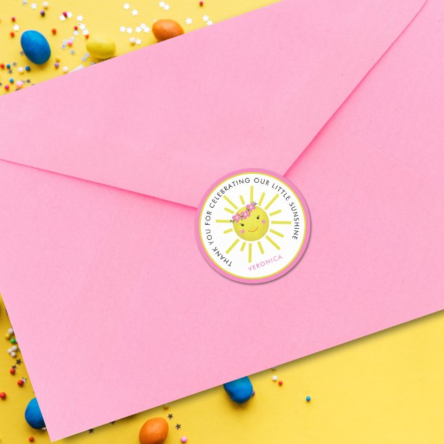 Cute Our Little Sunshine Birthday Thank You Classic Round Sticker (Cute Our Little Sunshine Birthday Thank You sticker)