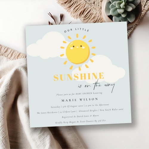 Cute Our Little Sunshine Blue Boy Baby Shower Invitation