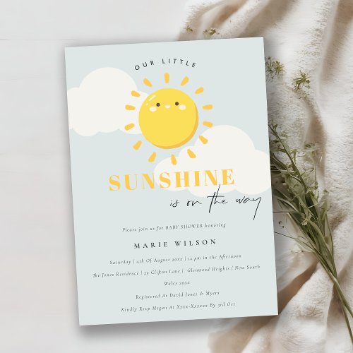 Cute Our Little Sunshine Blue Boy Baby Shower Invitation